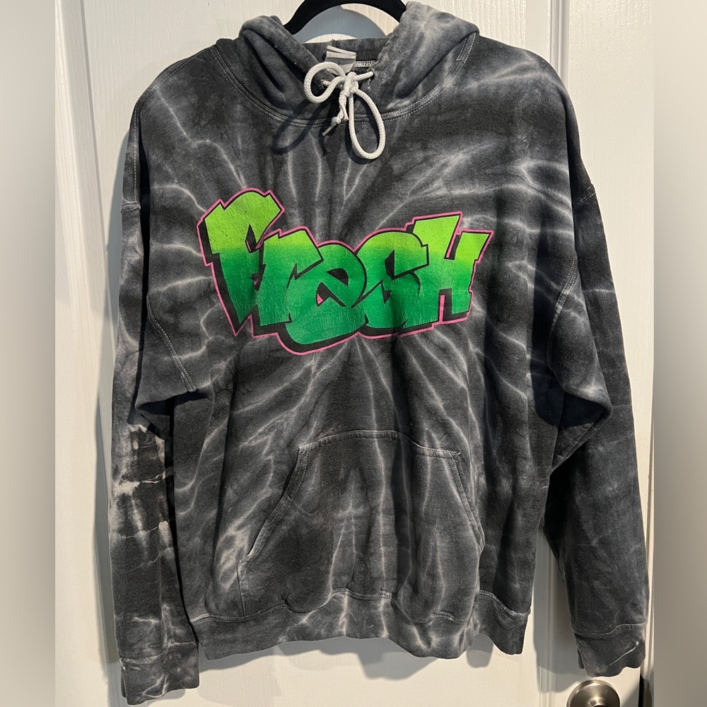 Vintage Grey Tie Dye Hoodie with "Fresh" Graphic Large